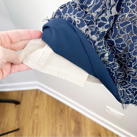 Eliza J | Navy Blue Fitted Lace-Overlay Dress Crystal Embellishment Open-Back 2P - Picture 13 of 14